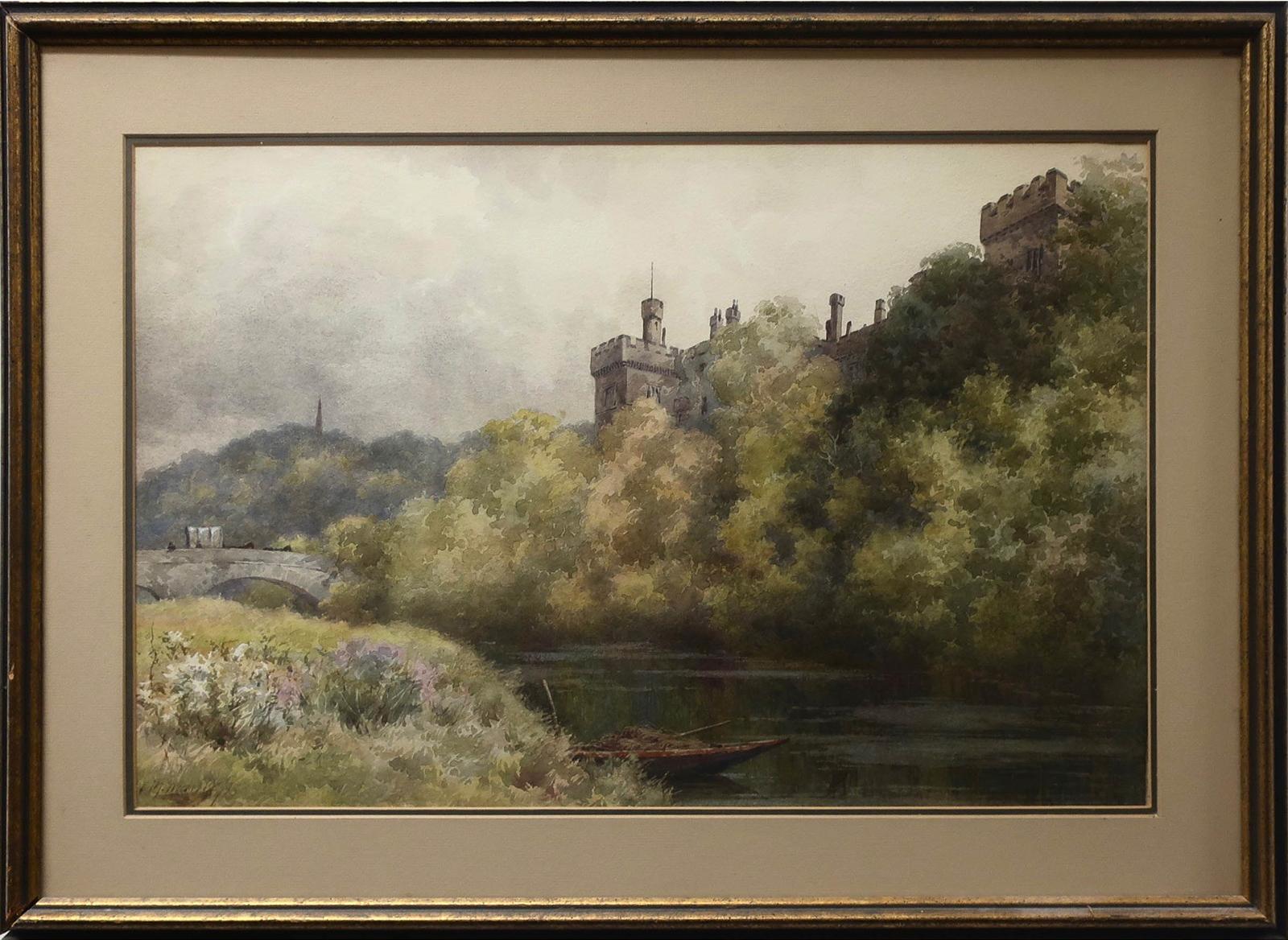 Charles MacDonald Manly (1855-1924) - River View With Castle And Figures And Horses Crossing Stone Bridge
