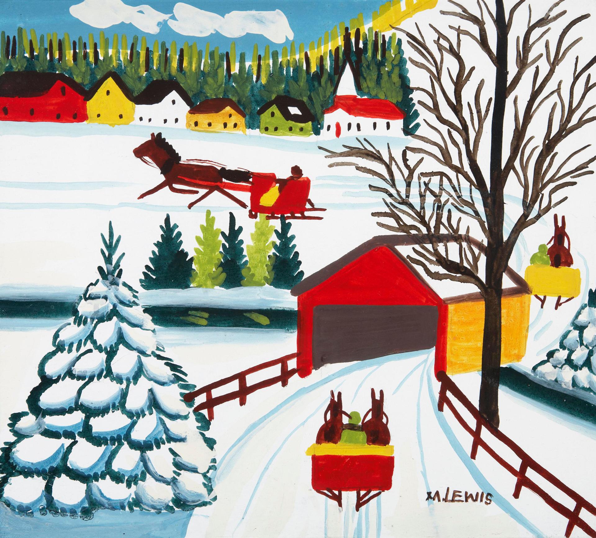 Maud Kathleen Lewis (1903-1970) - Sleighs and Covered Bridge