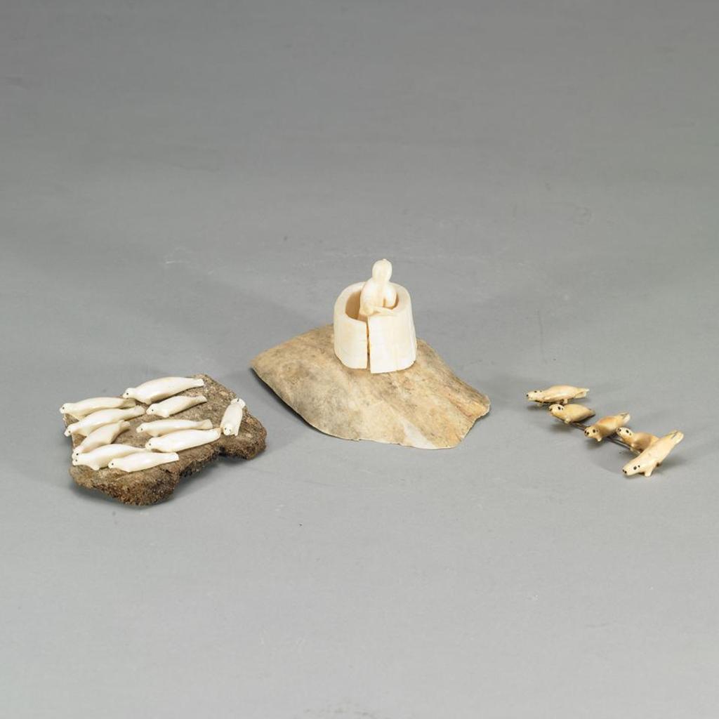 Monica Aupaluktaaq Siggik (1937) - Several Seals On An Ice Floe; Two Figures Building An Igloo; Five Seals On A Rope