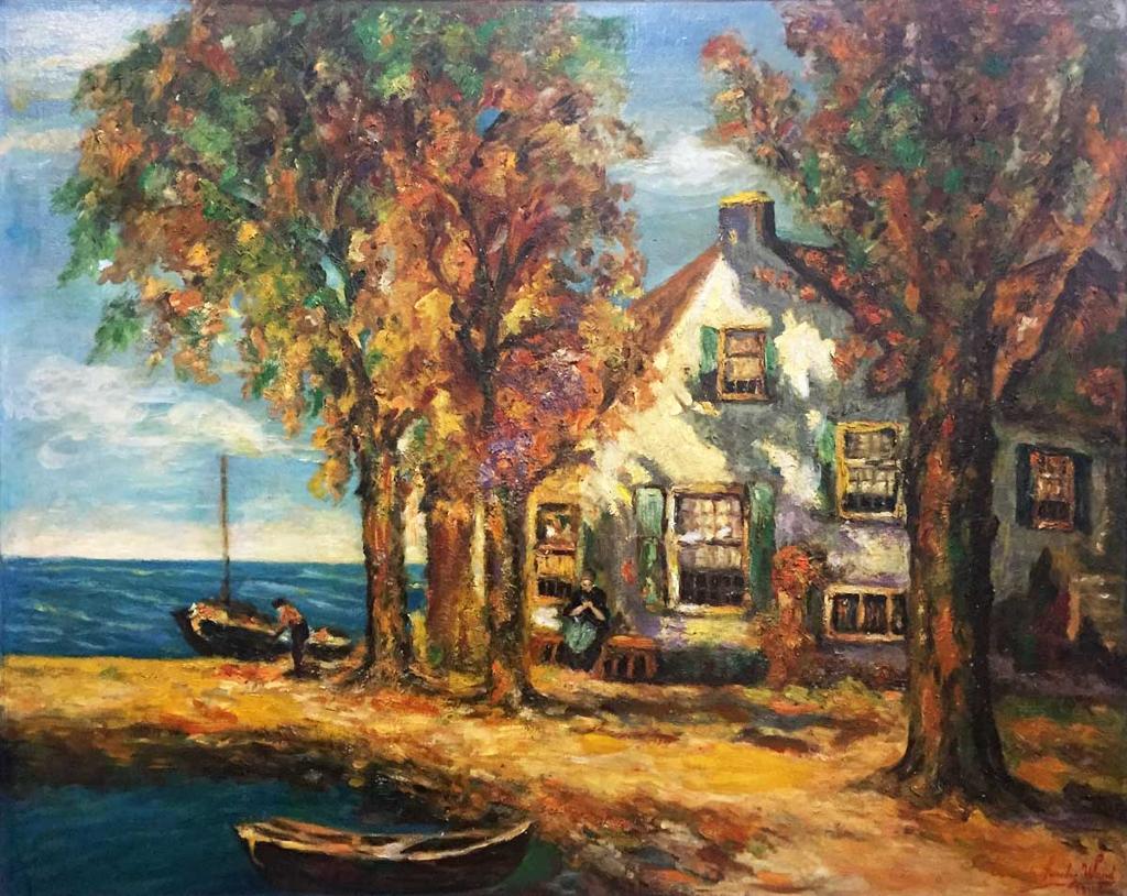Ena de Sanchez Ward - Figures by a lakeside cottage