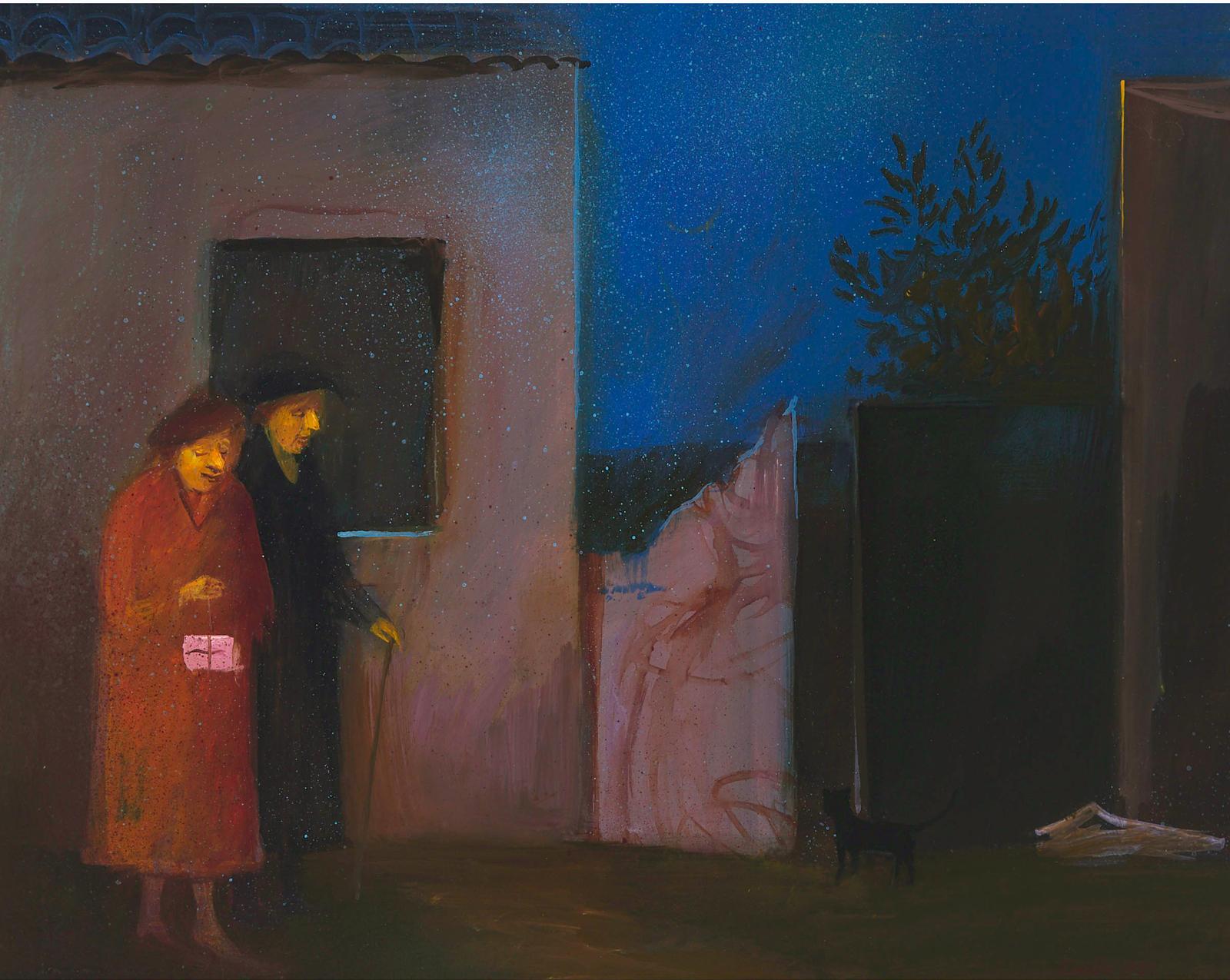 Ilona E. Ellinger Deak-Ebner (1943) - Este (Two Women Walking On A Snowy Night With A Black Cat), 1981