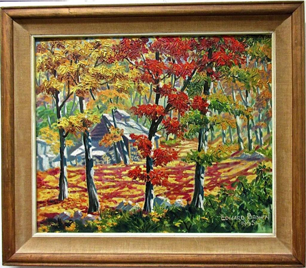 Edward Brown - Cabin In A Sunlit Autumn Woodland