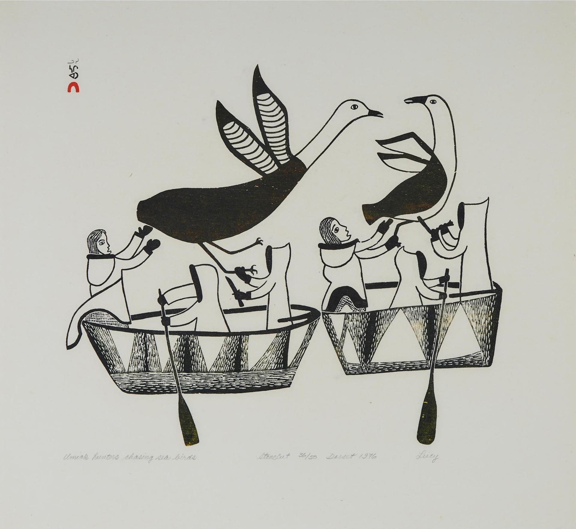 Lucy Qinnuayuak (1915-1982) - Umiak Hunters Chasing Sea Birds