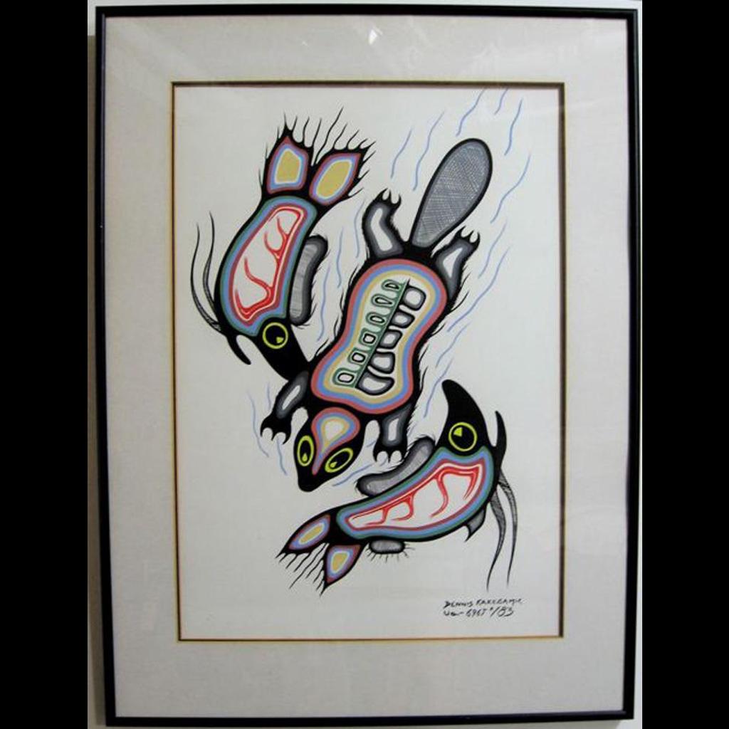 Dennis Kakegamic (1957) - Beaver And Fish; Perched Owls