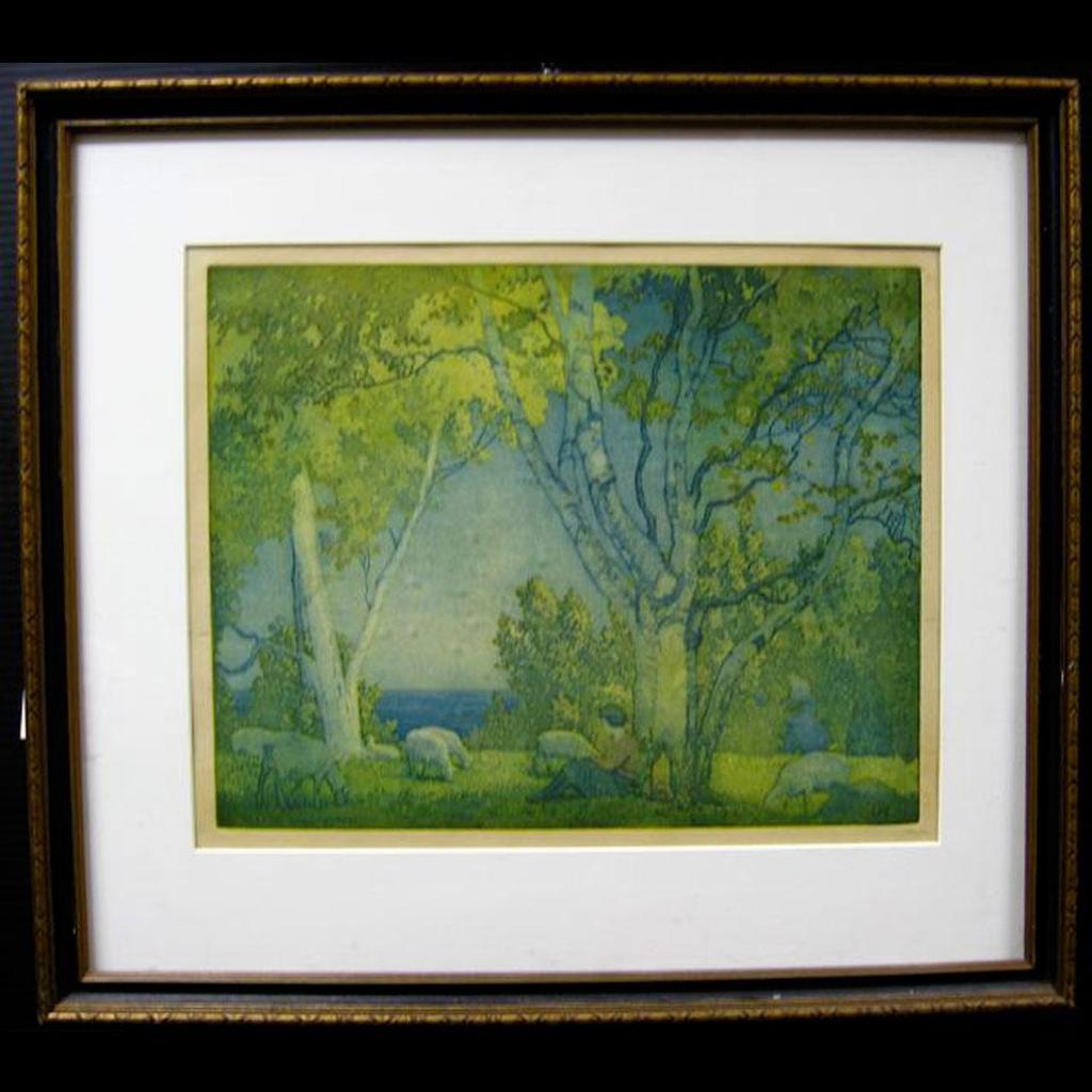 Frederick Stanley Haines (1879-1960) - Girl Resting Under Tree While Sheep Graze