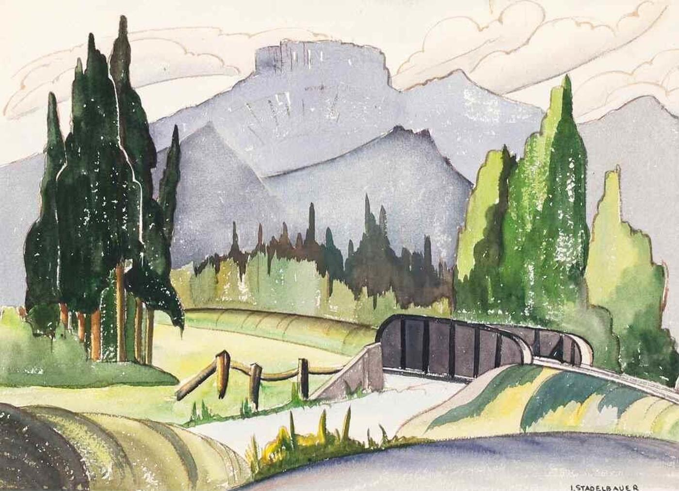 Isabel Stadelbauer (1909-2004) - Railroad Bridge Over Echo River (W. Of Banff Station); 1943