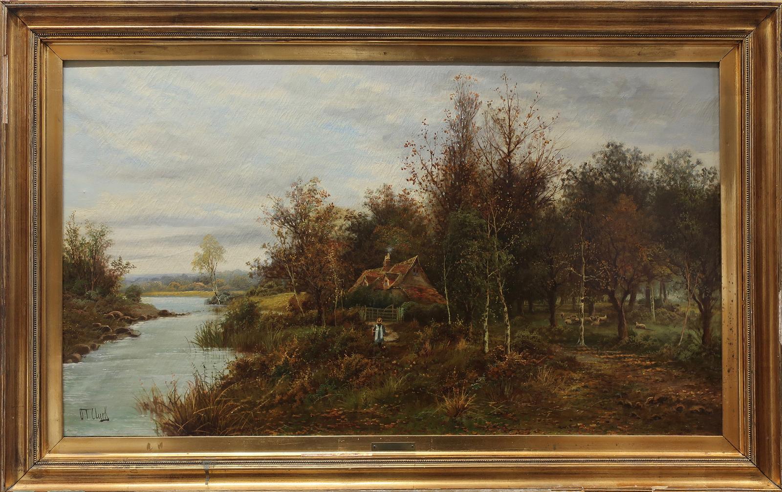 Octavius Thomas Clark (1850-1921) - Cottage By River With Young Girl And Sheep