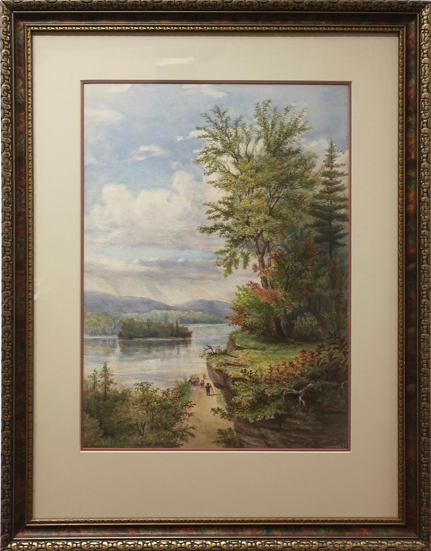Peter Sharples - Untitled (Farmer And Cattle On Roadway By Lake)