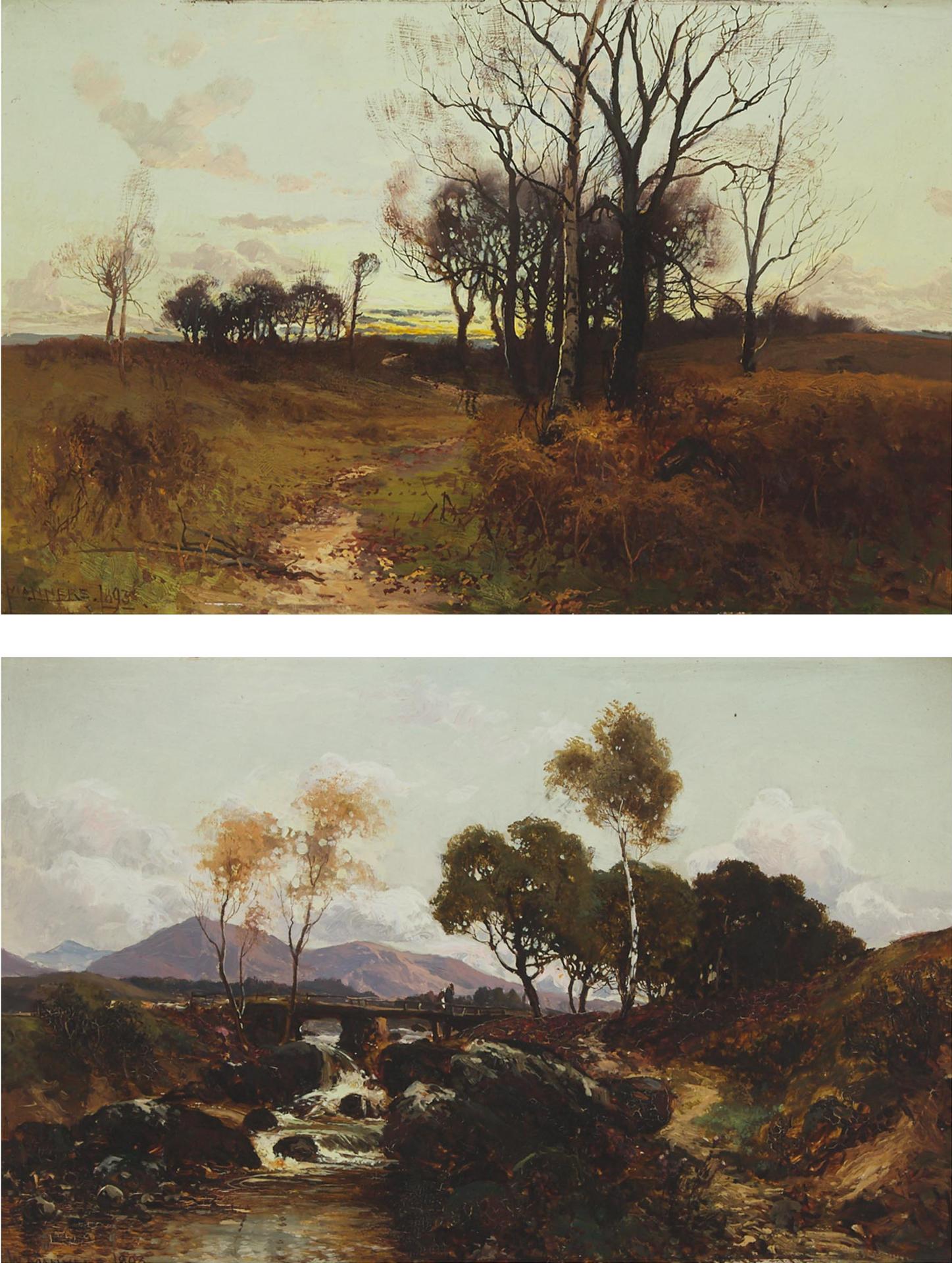 William Manners (1860-1930) - A Figure Walking A Path At Sunset, 1893; Rapids With Figures Walking Along A Bridge, 1893