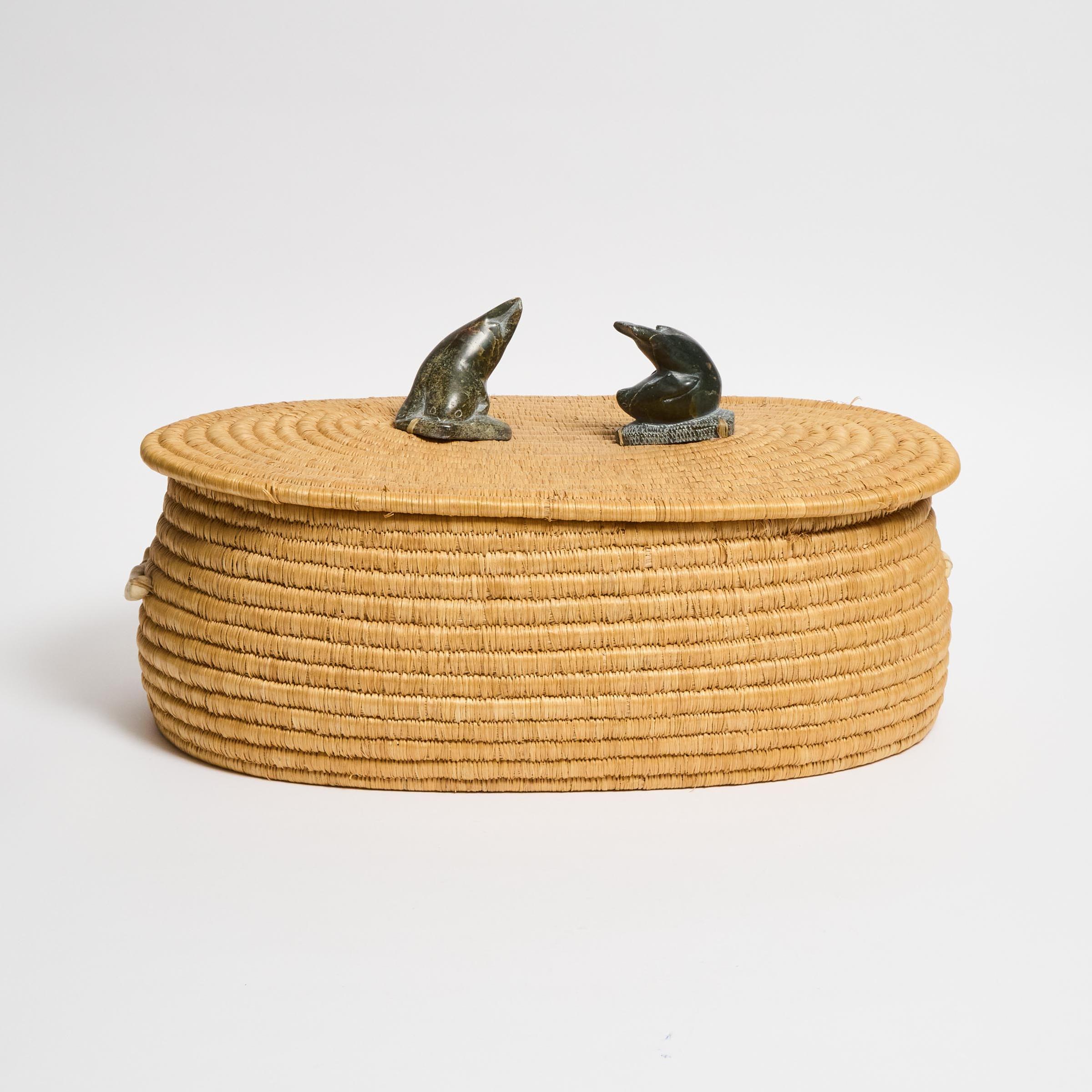 Sarah Kingalik (1933) - Coiled Lidded Basket With Two Seal Knops