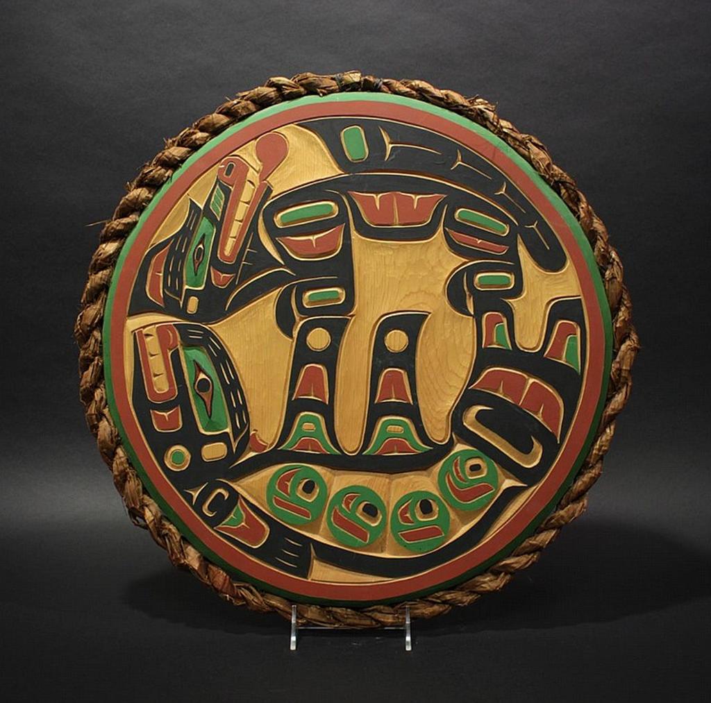 Tim Alfred - a carved and polychromed yellow cedar panel depicting Double finned Killer whale and Wolf