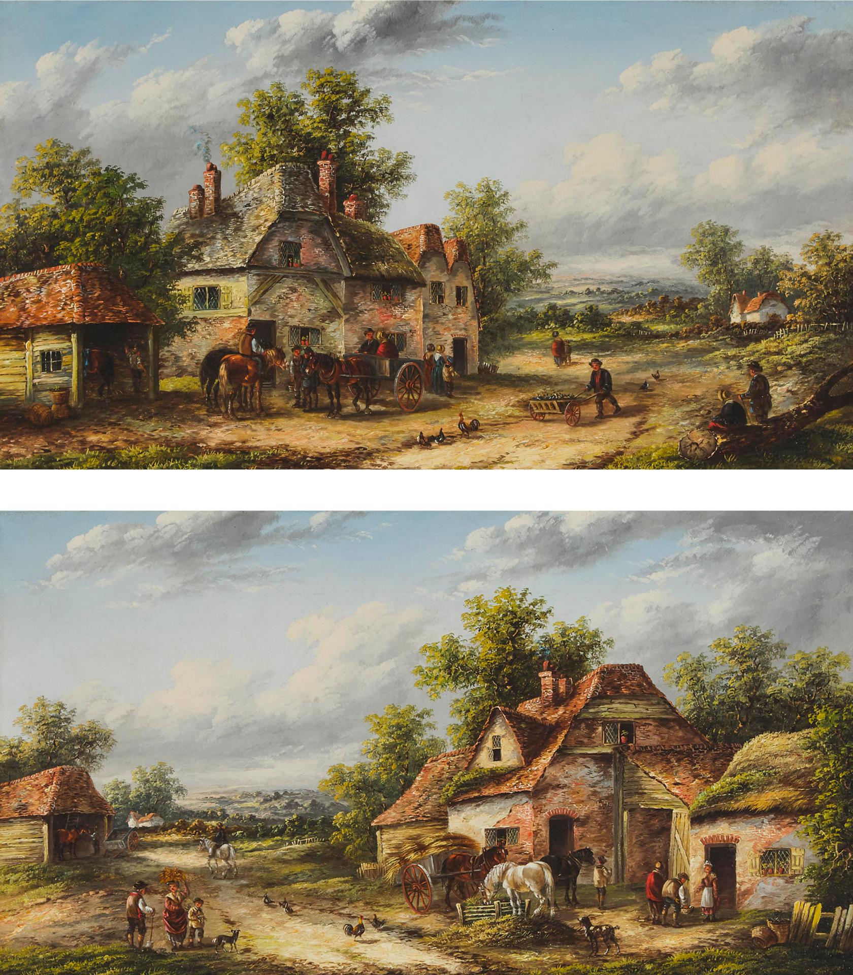 Edward Masters (1869-1880) - A Busy Farmyard; Travellers Outside An Inn
