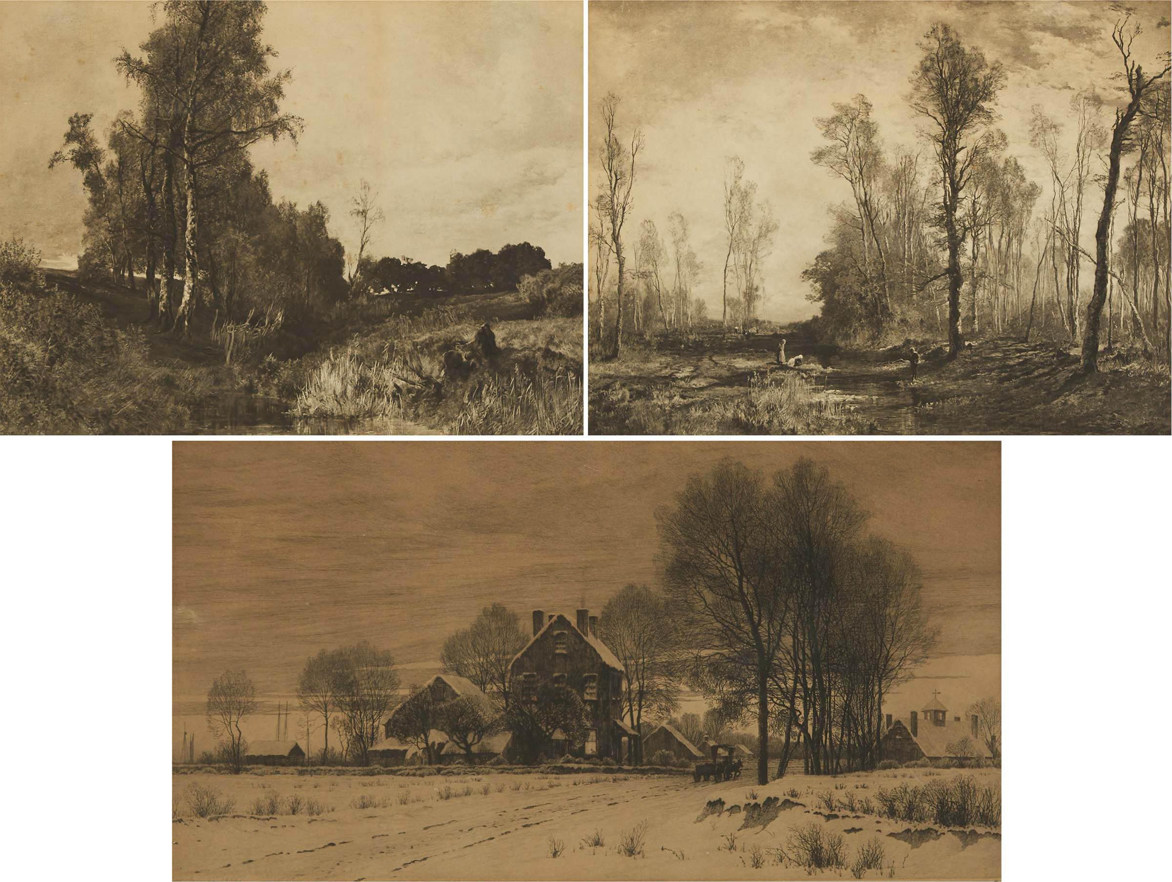 Josef Wenglein (1845) - Two Barbizon Landscape Views; Village Houses With Carriage, 1886
