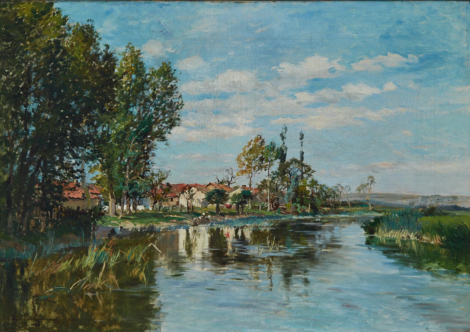 Edmond Marie Petitjean (1844-1925) - Village Houses With Washerwomen By A River