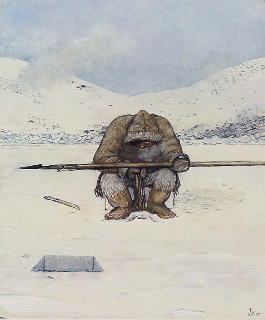 William Kurelek (1927-1977) - Hunter At Breathing Hole; 1975