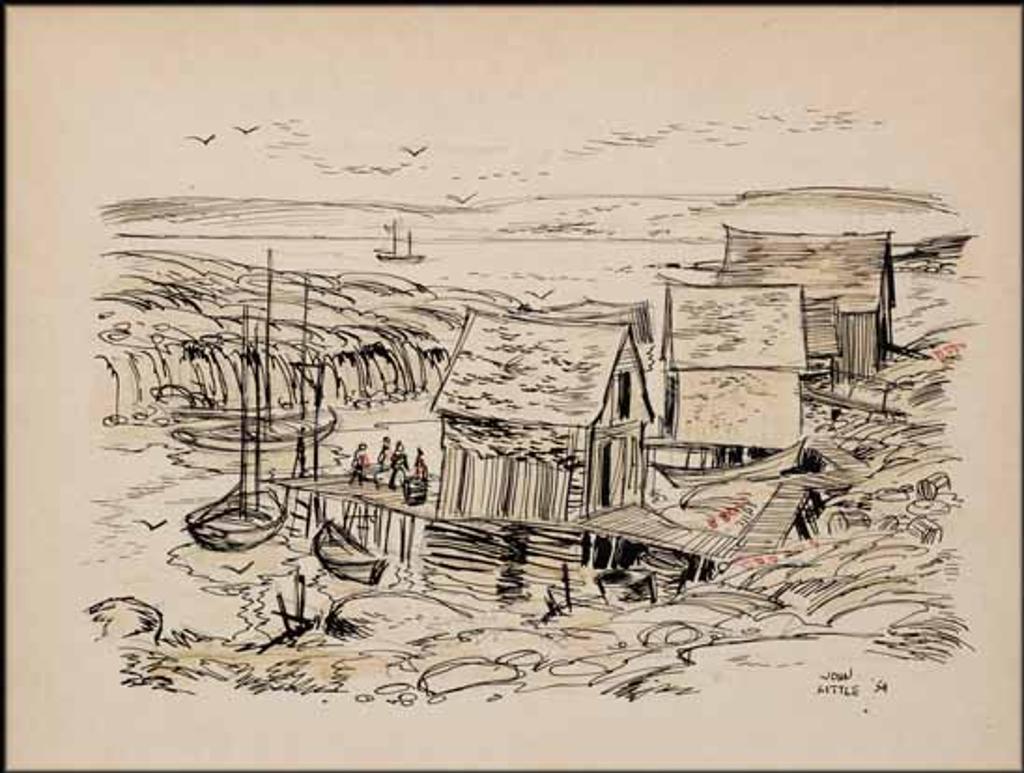 John Geoffrey Caruthers Little (1928-2024) - East Coast Harbour Scene with Boats at Low Tide