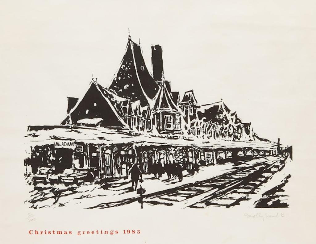 Molly Joan Lamb Bobak (1922-2014) - Macadam Railway Station (Christmas Greetings 1983)