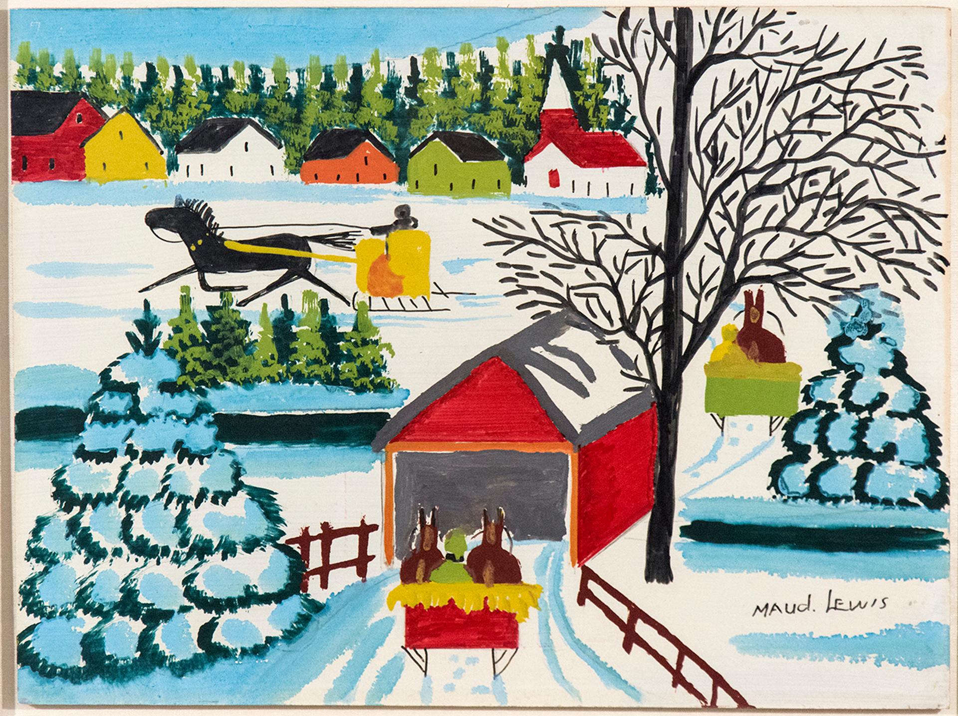 Maud Kathleen Lewis (1903-1970) - Covered Bridge with Three Sleighs