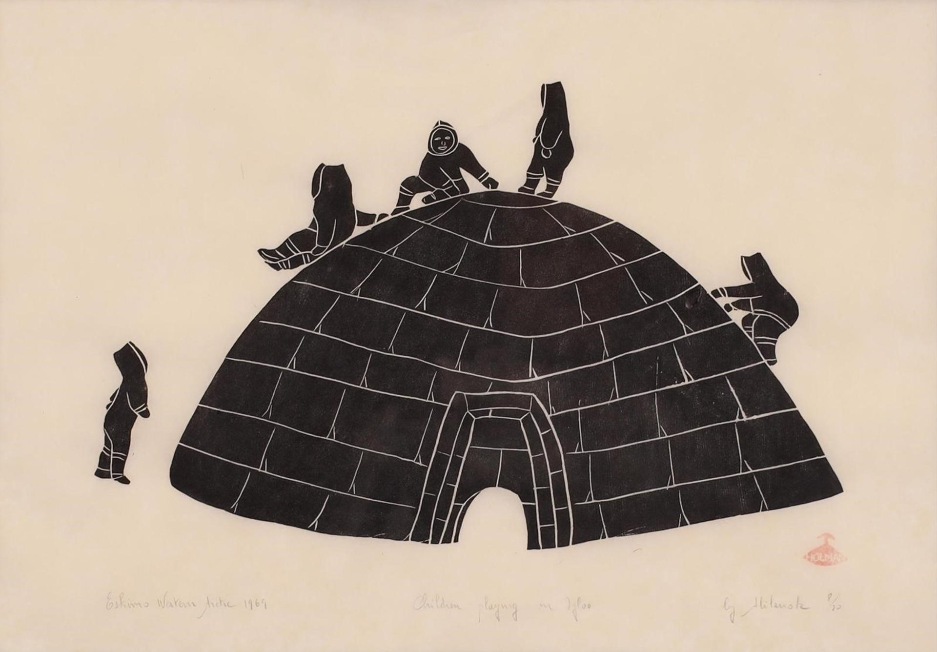 Peter Aliknak (1928-1992) - Children Playing On Igloo; 1969