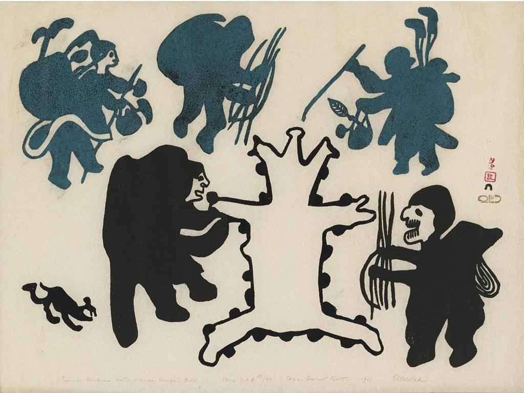 Pitseolak Ashoona (1904-1983) - Summer Wanderers Watch Woman Scraping Hide