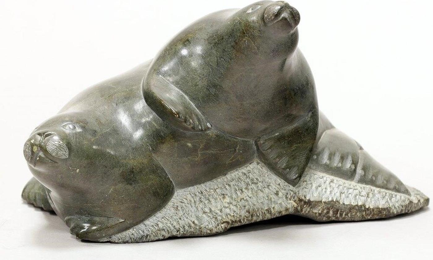 Joewillie Joe Willie Echalook - A grey-green stone carving of Two Seals