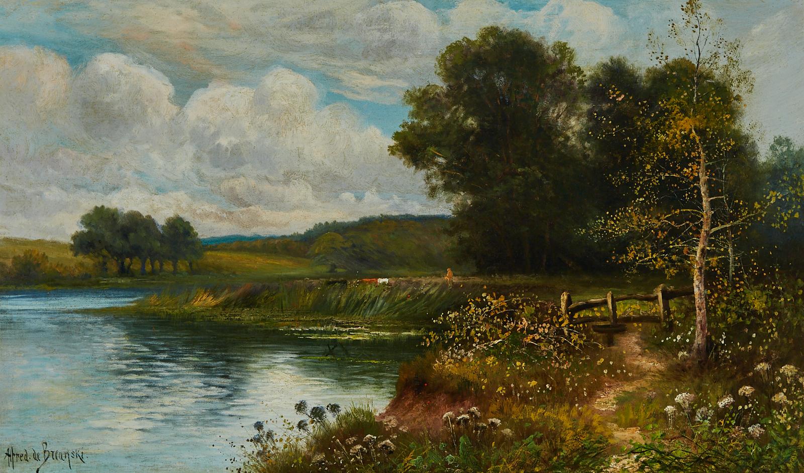 Alfred de Breanski Snr (1852-1928) - River Landscape With Rail Fence And Herd Of Cattle In The Field
