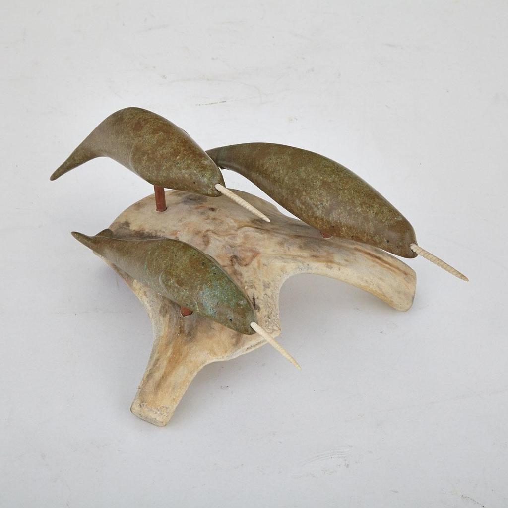 Seepee Ipellie (1940-2000) - Three Swimming Narwhals On Base