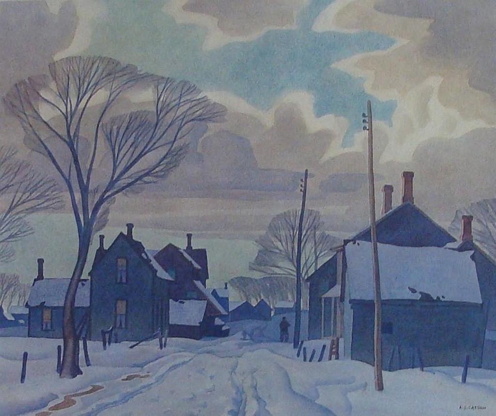 Alfred Joseph (A.J.) Casson (1898-1992) - WINTER IN THE VILLAGE. 1938 coloured photolithograph- 49/60 signed AJ Casson in