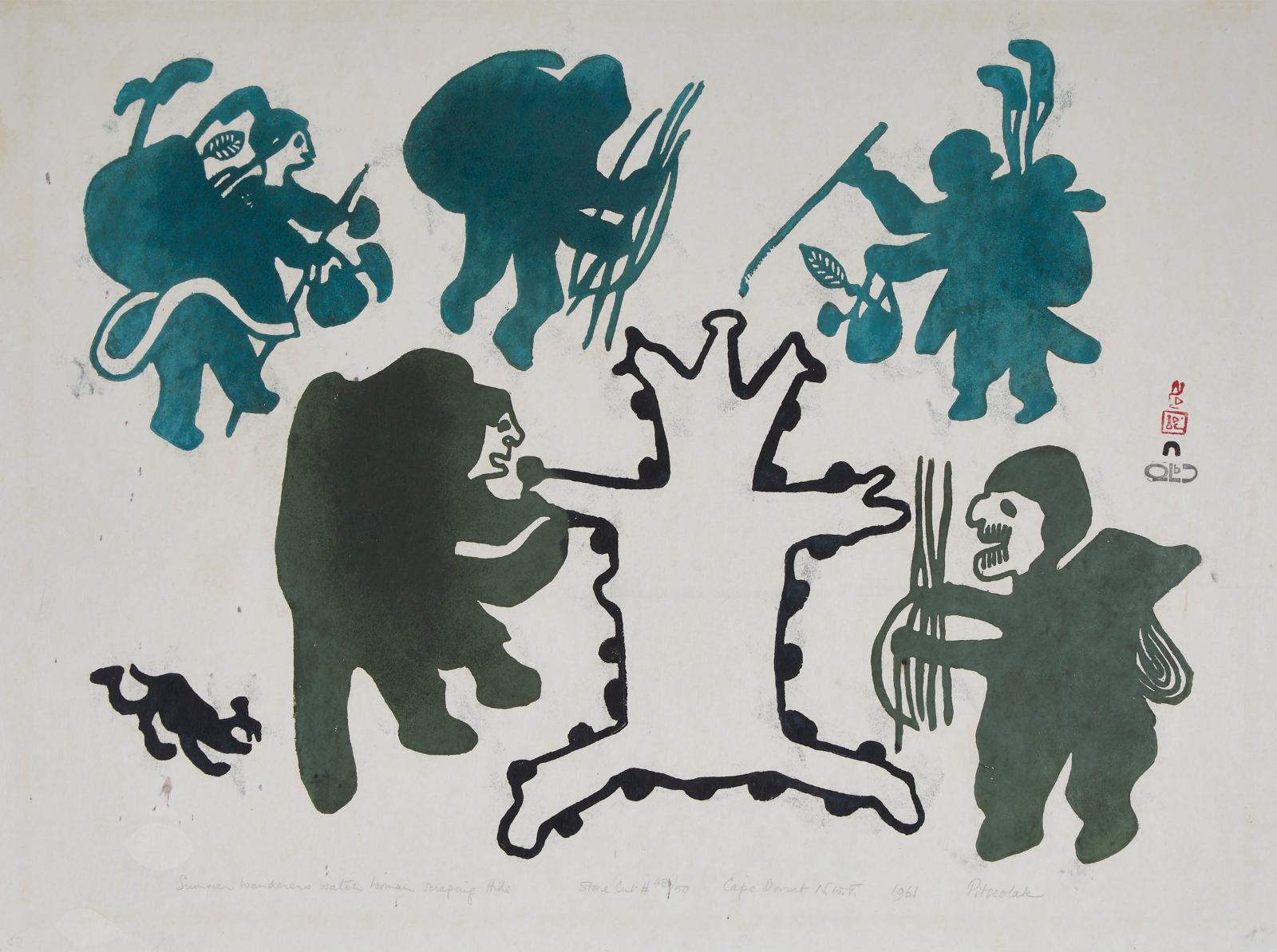 Pitseolak Ashoona (1904-1983) - Summer Wanderers Watch Woman Scraping Hide