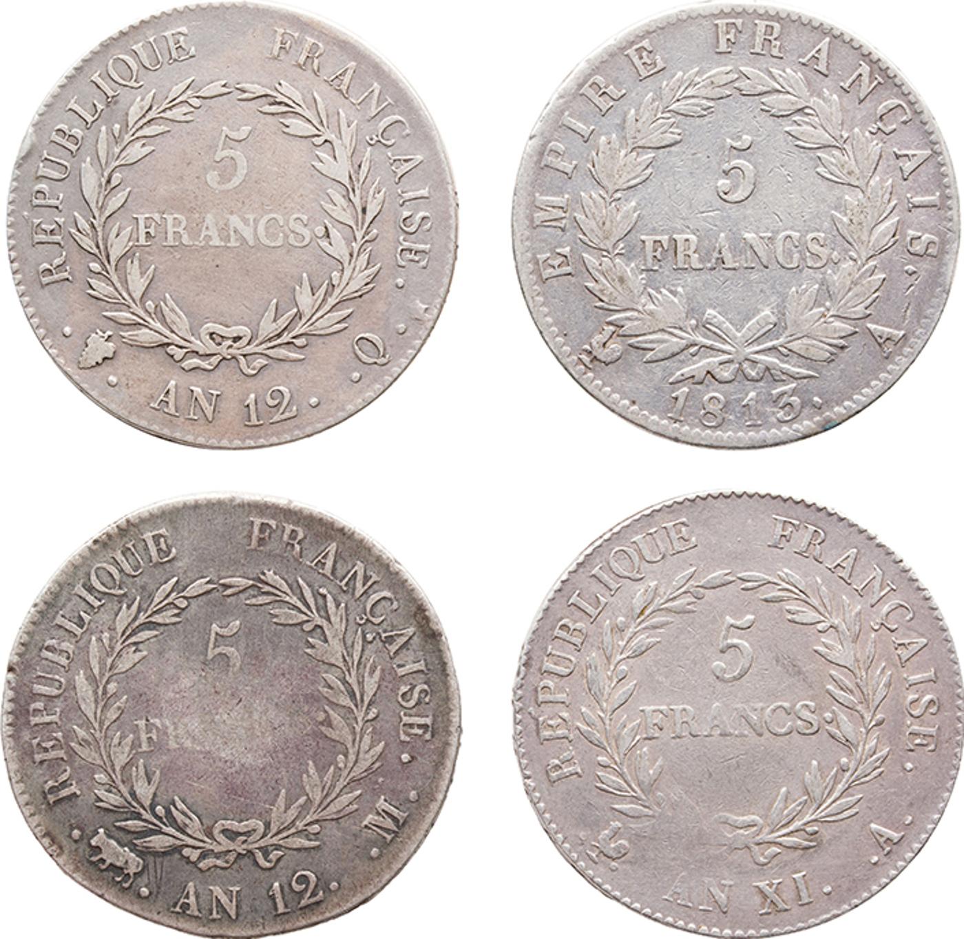 France - Lot of Four Napoleon Bonaparte Silver 5 Francs, as Premiere Consul and Emperor