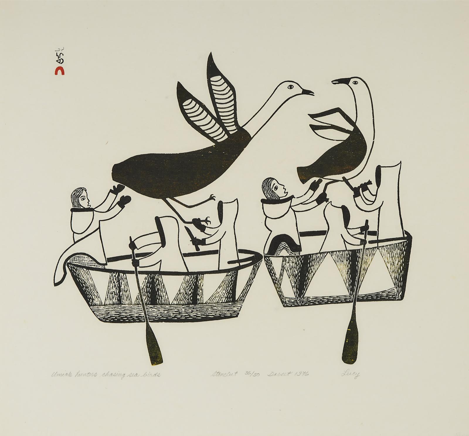 Lucy Qinnuayuak (1915-1982) - Umiak Hunters Chasing Sea Birds