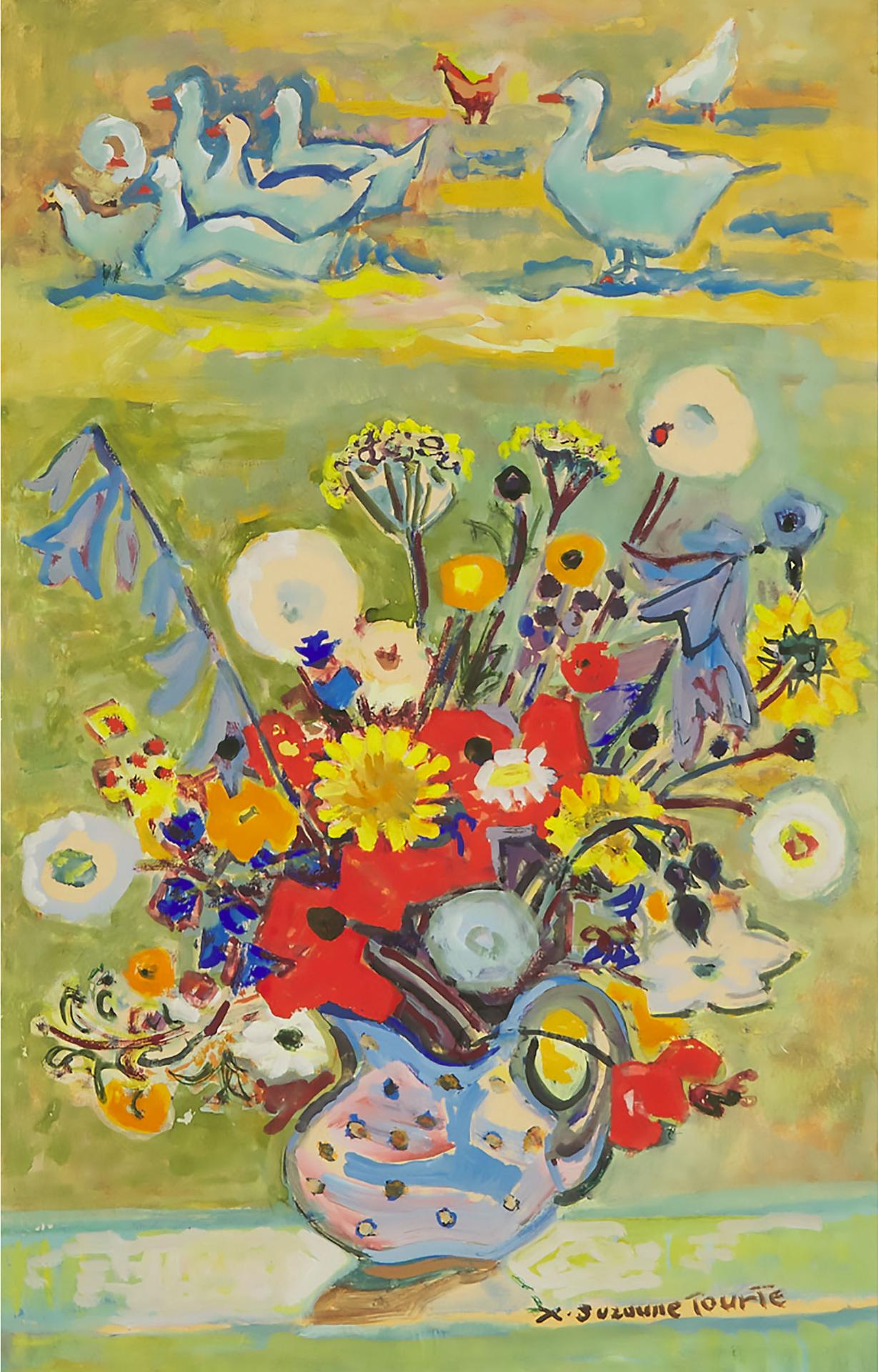 Suzanne Tourte - Flowers On A Windowsill With Geese Outside