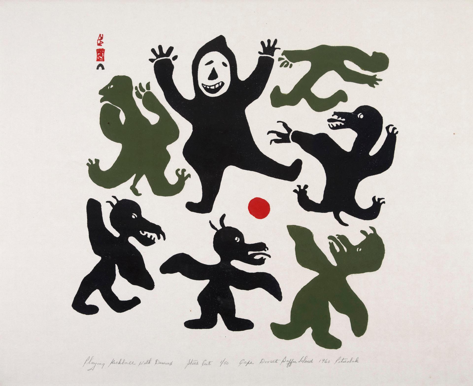 Pitseolak Ashoona (1904-1983) - Playing Kickball With Demons