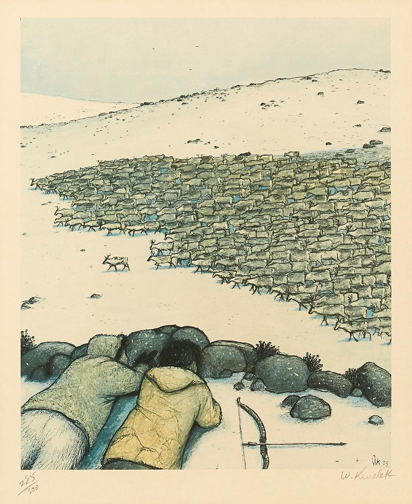 William Kurelek (1927-1977) - Stalking Migrating Caribou; Sky Tossing; Hunter at Breathing Hole; Story Telling