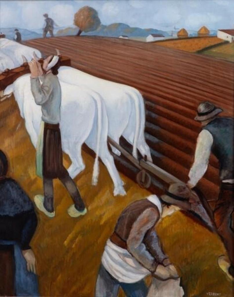 Theophile Eugene Verdeau (1884-1953) - Farmers and Oxen Tilling the Field