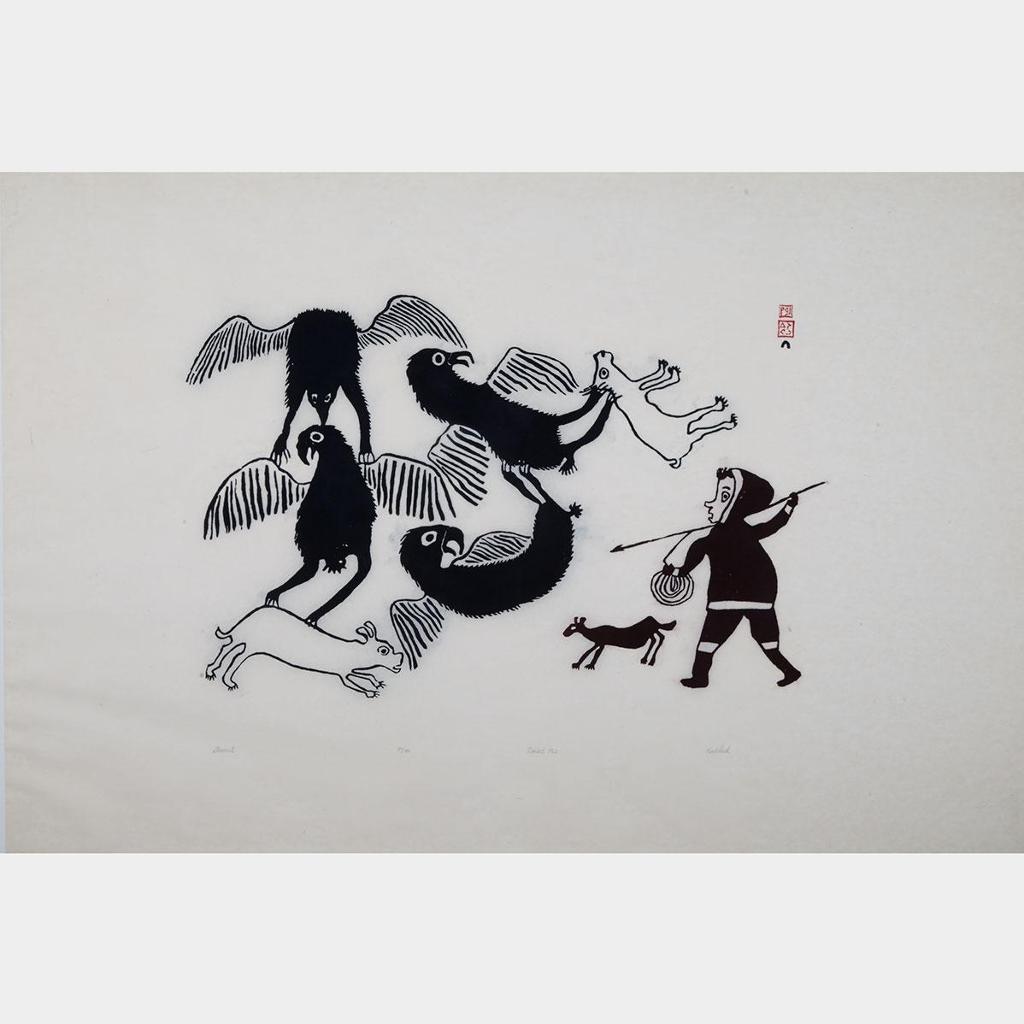 Kiakshuk (1886-1966) - Hunter And Dogs, 4 Large Birds