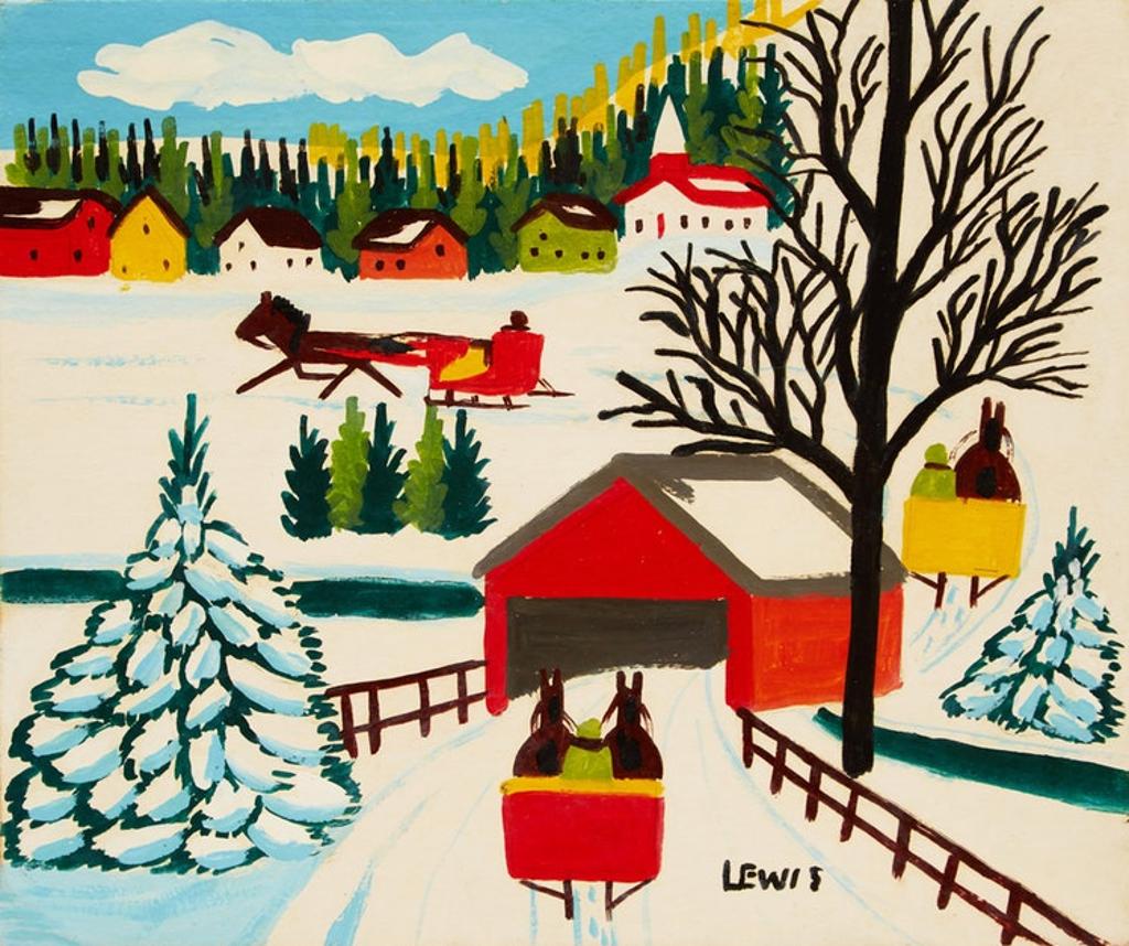 Maud Kathleen Lewis (1903-1970) - Winter Landscape with Covered Bridge and Three Sleighs