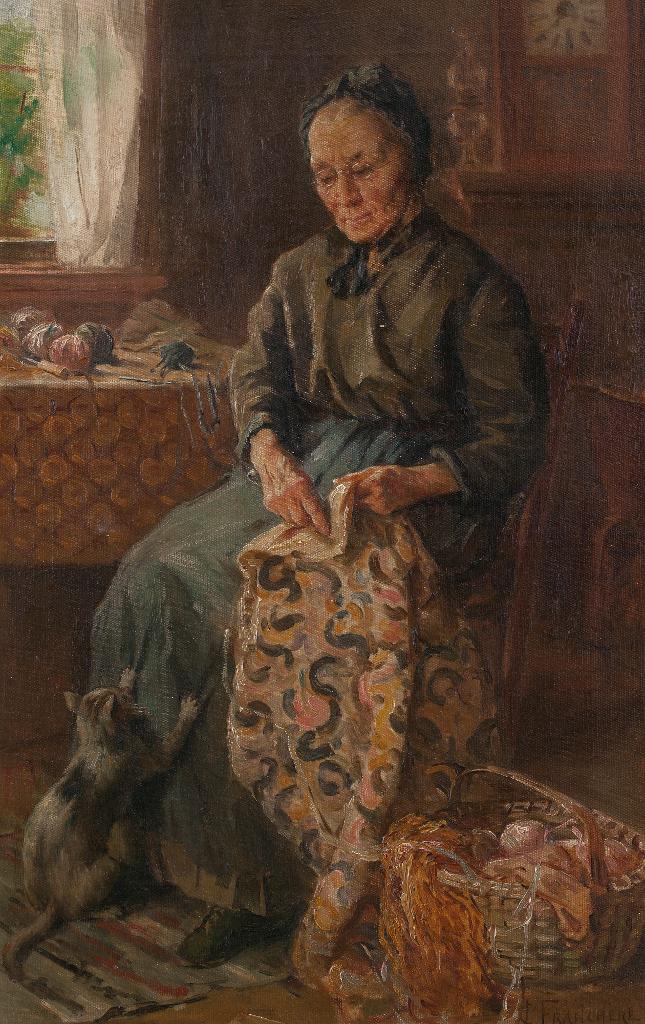 Joseph Charles Franchere (1866-1921) - Interior With Woman And Kitten