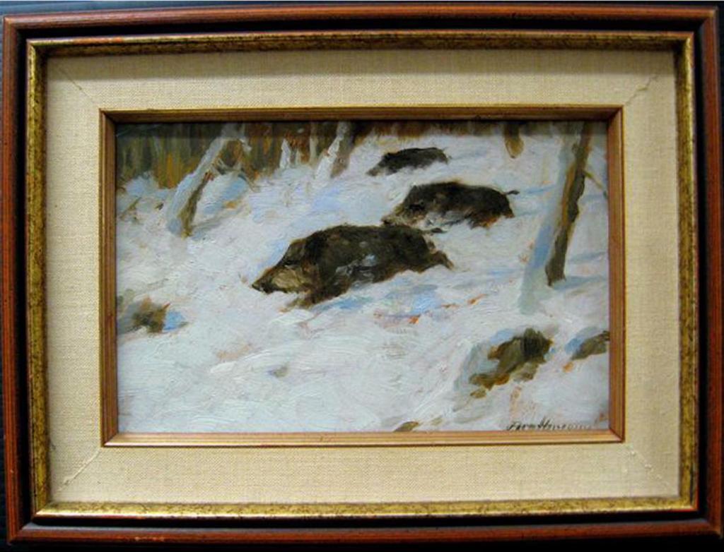 Christoffer Drathmann (1856-1932) - Wild Boars Running Through Winter Woodland