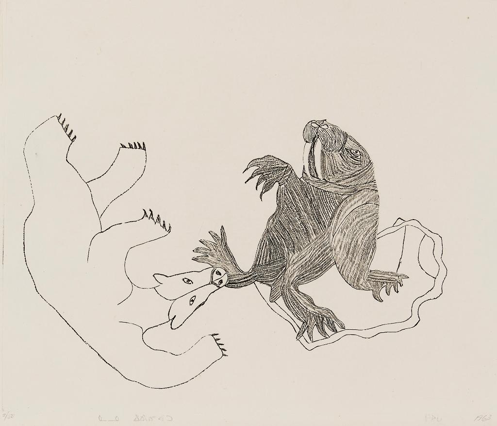 Kiawak (Kiugak) Ashoona (1933-2014) - Bear Attacking Walrus