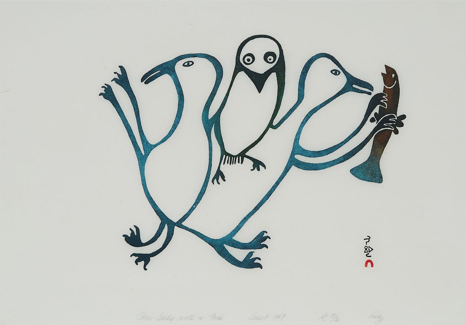 Lucy Qinnuayuak (1915-1982) - Three Birds With A Fish