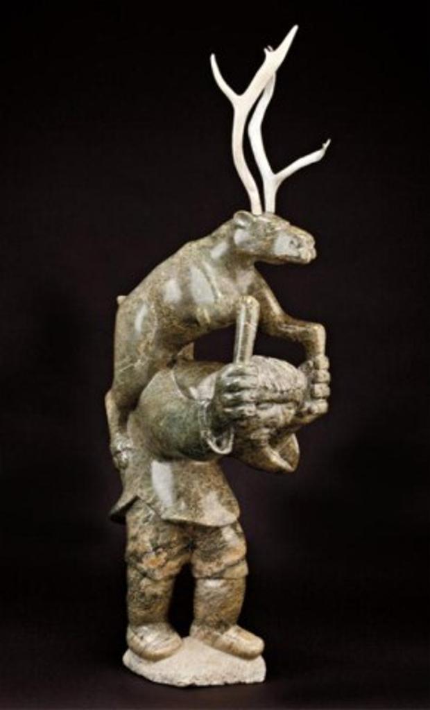 Aqjangajuk (Axangayu) Shaa (1937-2019) - Mottled green stone and antler