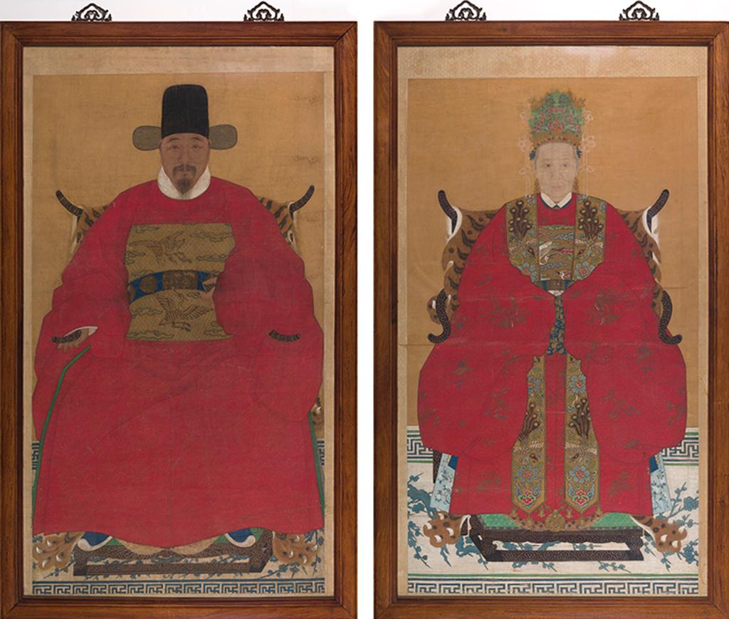 Chinese Art - A Pair of Massive Chinese Huali Framed Ancestor Portraits, Republican Period, Early 20th Century