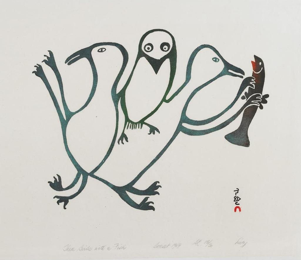 Lucy Qinnuayuak (1915-1982) - Three Birds With A Fish