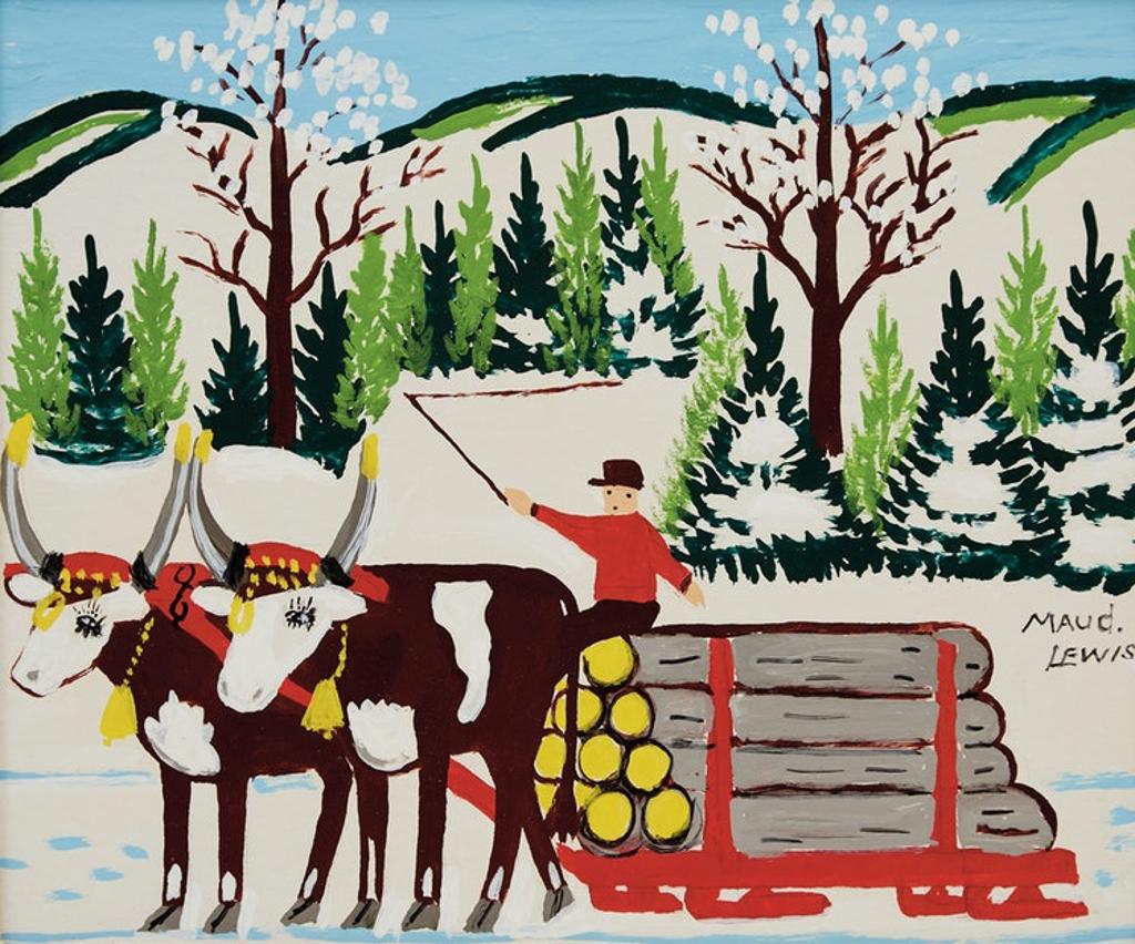 Maud Kathleen Lewis (1903-1970) - Pair of Oxen with Sled of Logs