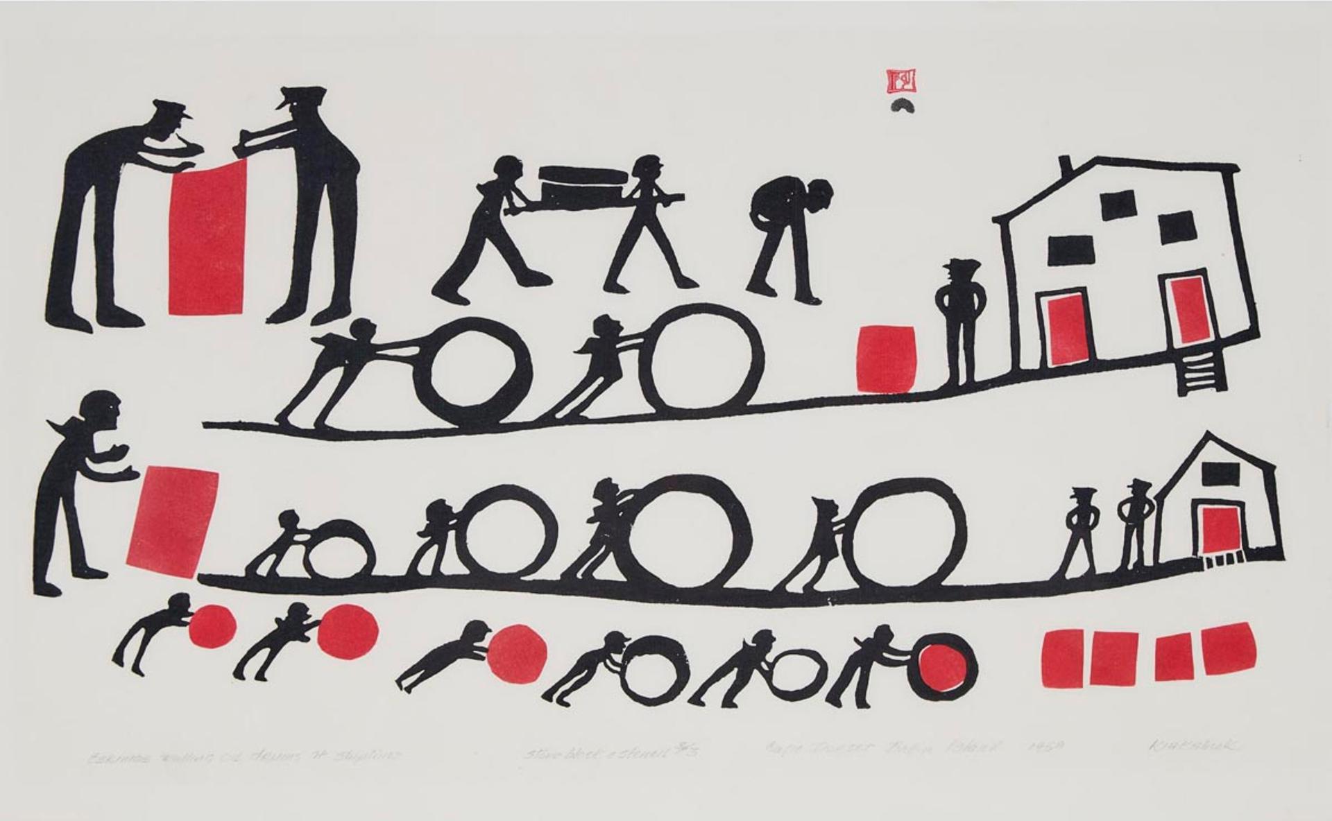 Kiakshuk (1886-1966) - Eskimos Rolling Oil Drums At Shiptime, 1959