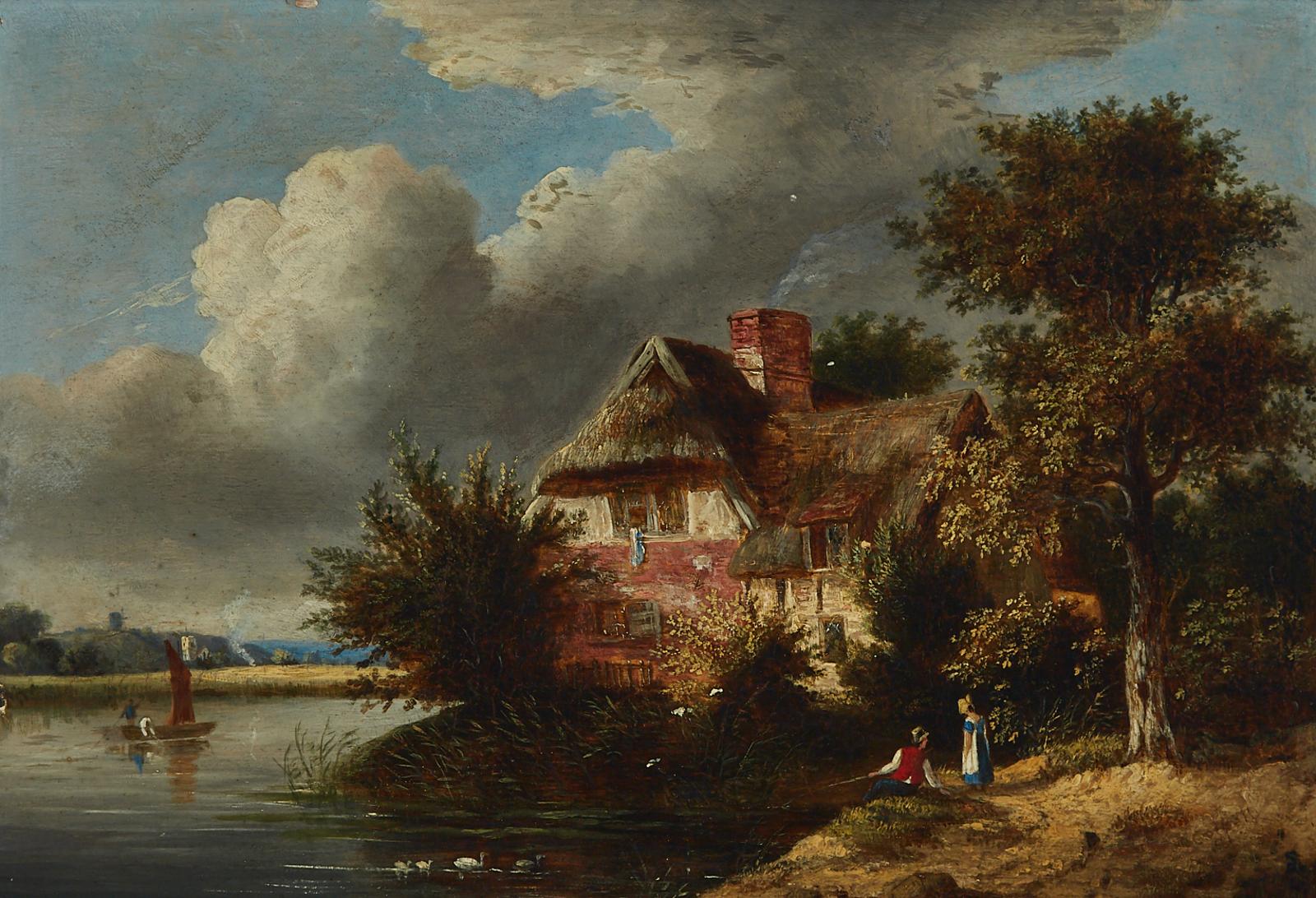 Samuel David Colkett (1806-1863) - Figures Meeting On The River Bank By Thatched Cottage, 1881