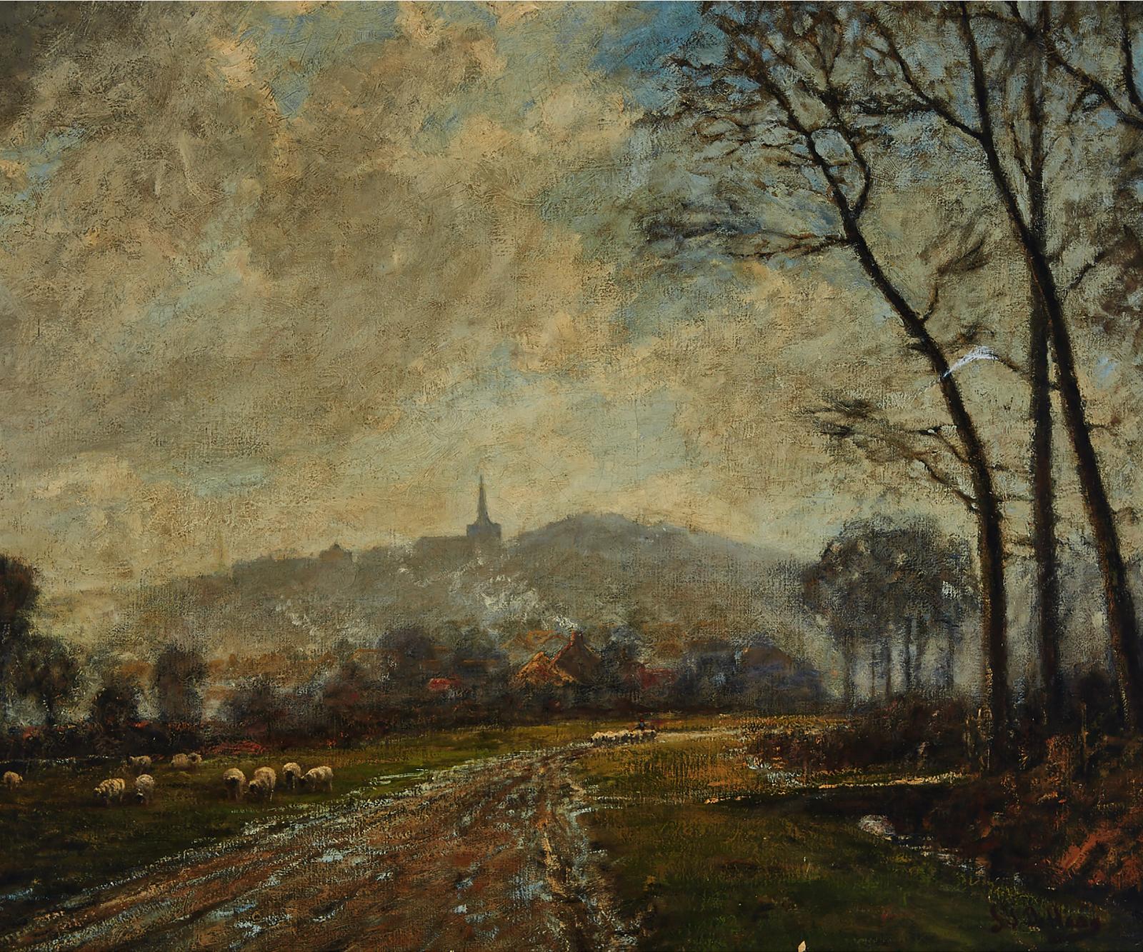 Johannes Hubertus Leonardus de Haas (1832-1908) - Sheep Grazing Outside Town With Smoke Stacks From Village Houses