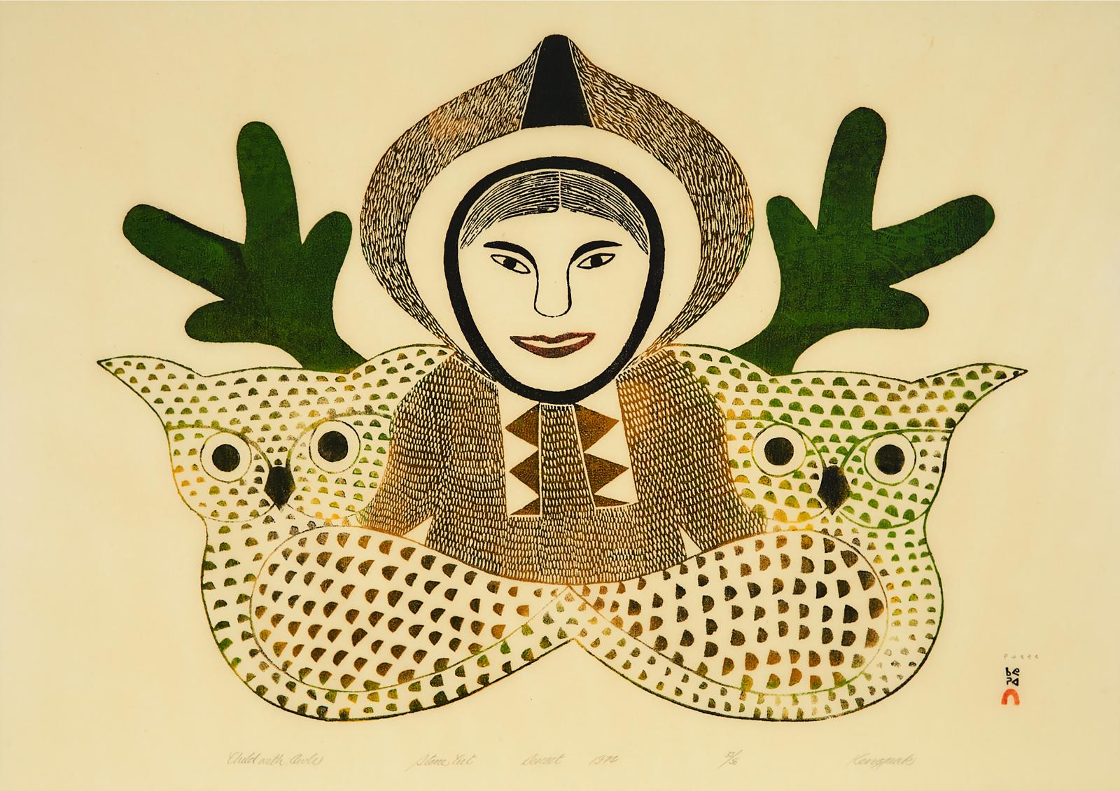 Kenojuak Ashevak (1927-2013) - Child With Owls