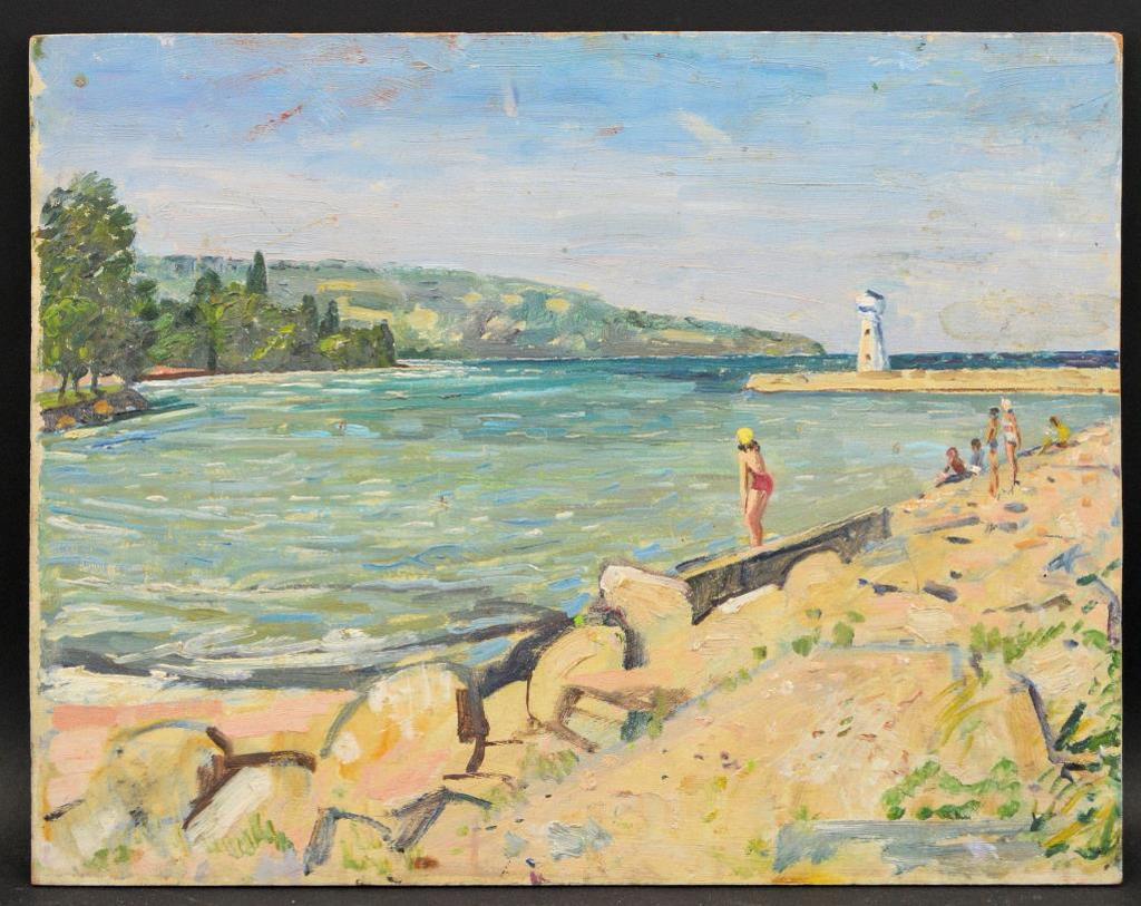 Robert Stewart Hyndman (1915-2009) - Bathing by a Pier